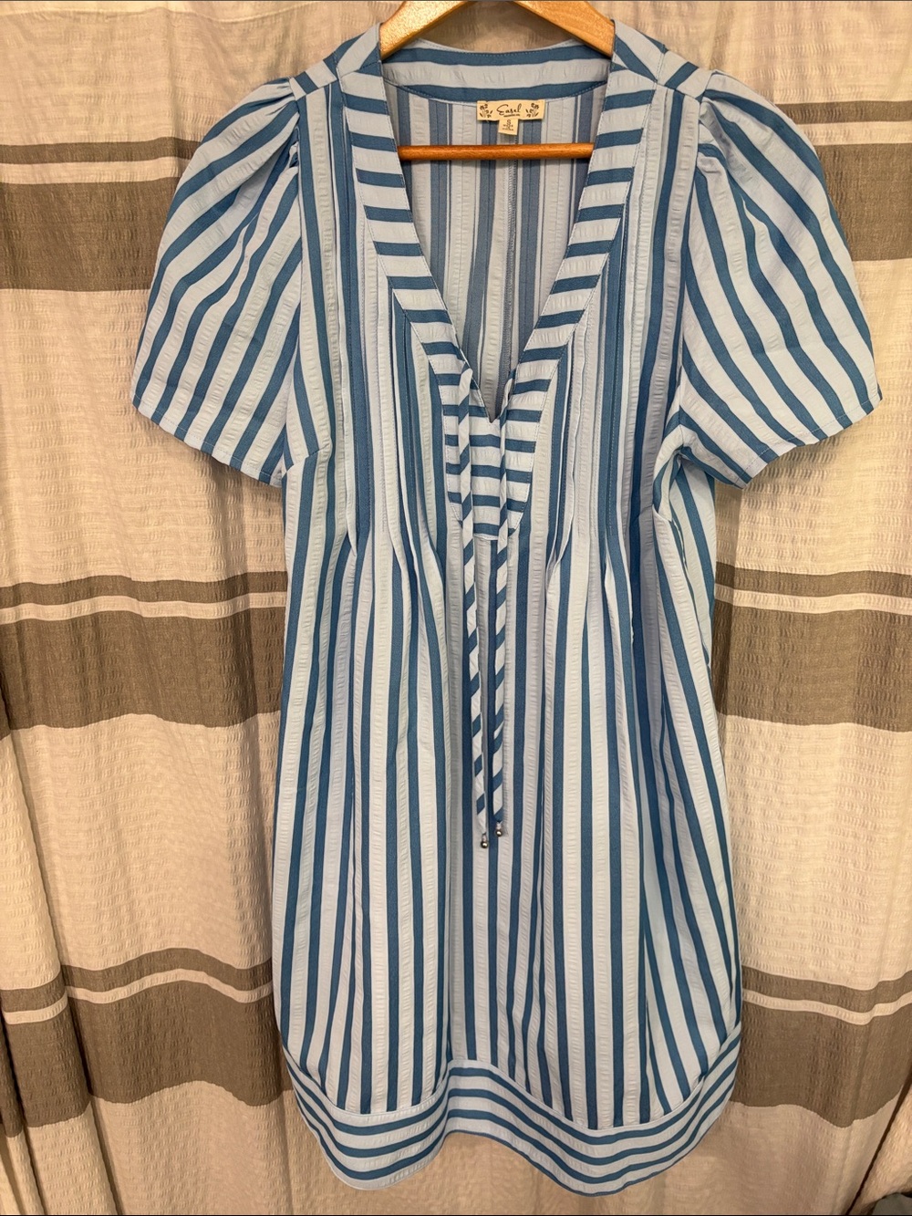 Easel Striped Light Blue V-Neck Mini Dress with Ties
